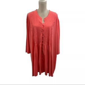 Woman Within Plus Size Tunic Top 4XL Coral Red 3/4 Sleeve Pleated Embroidered